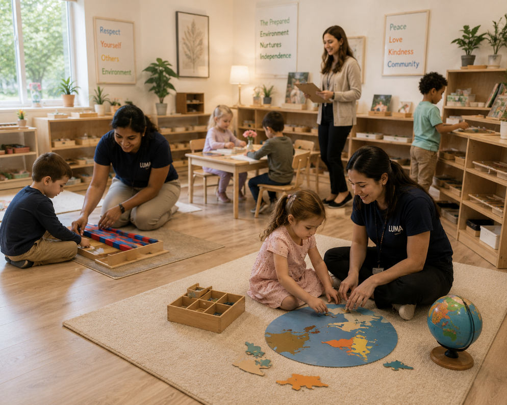 Children playing and learning together with their teacher in a bright classroom