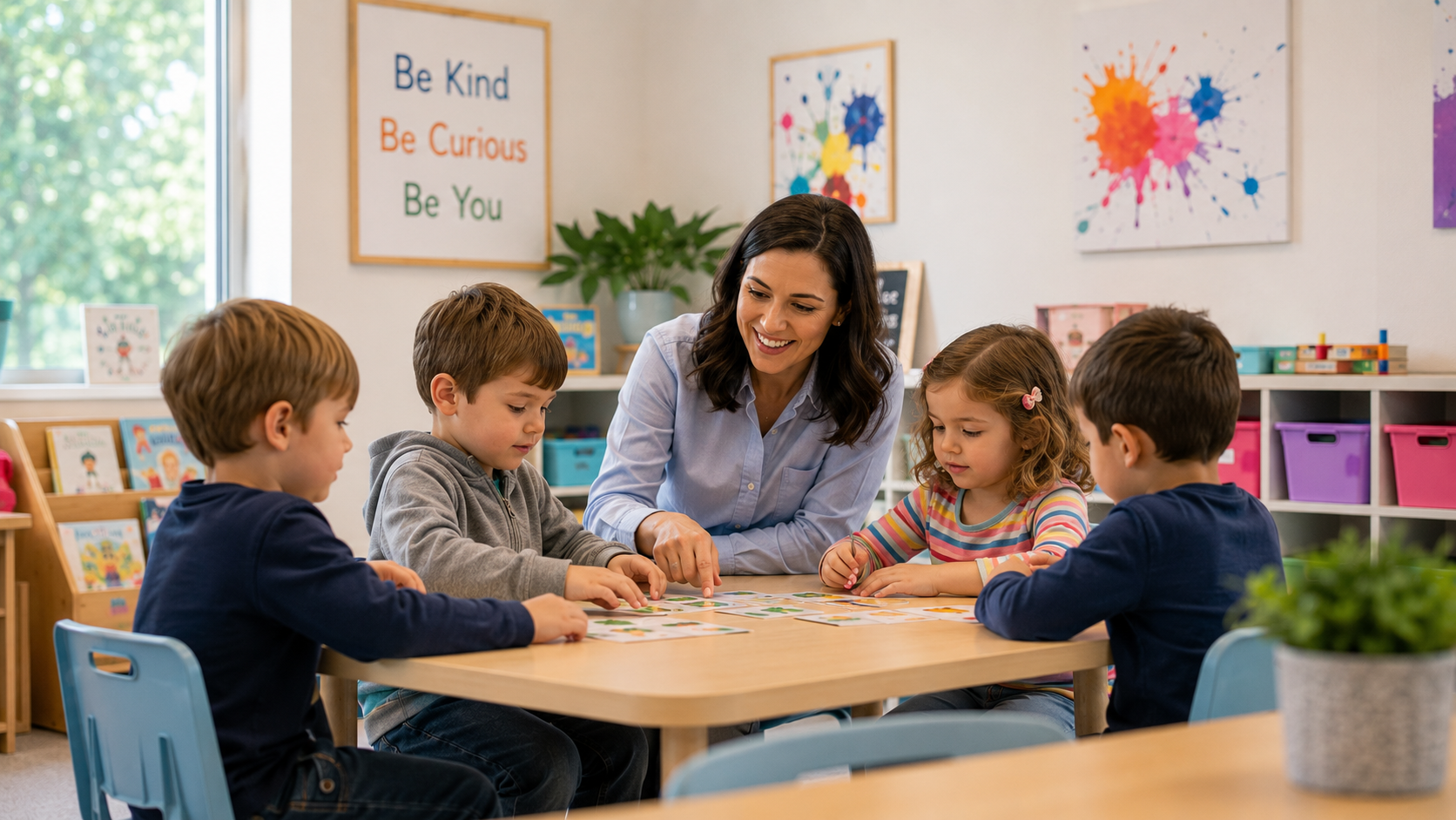Teacher and four children learning together at a classroom table at LUMA Autism