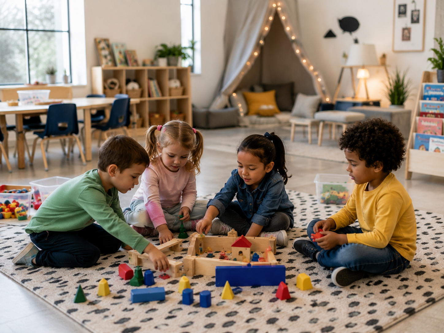 Four children playing together with wooden building blocks at LUMA Montessori