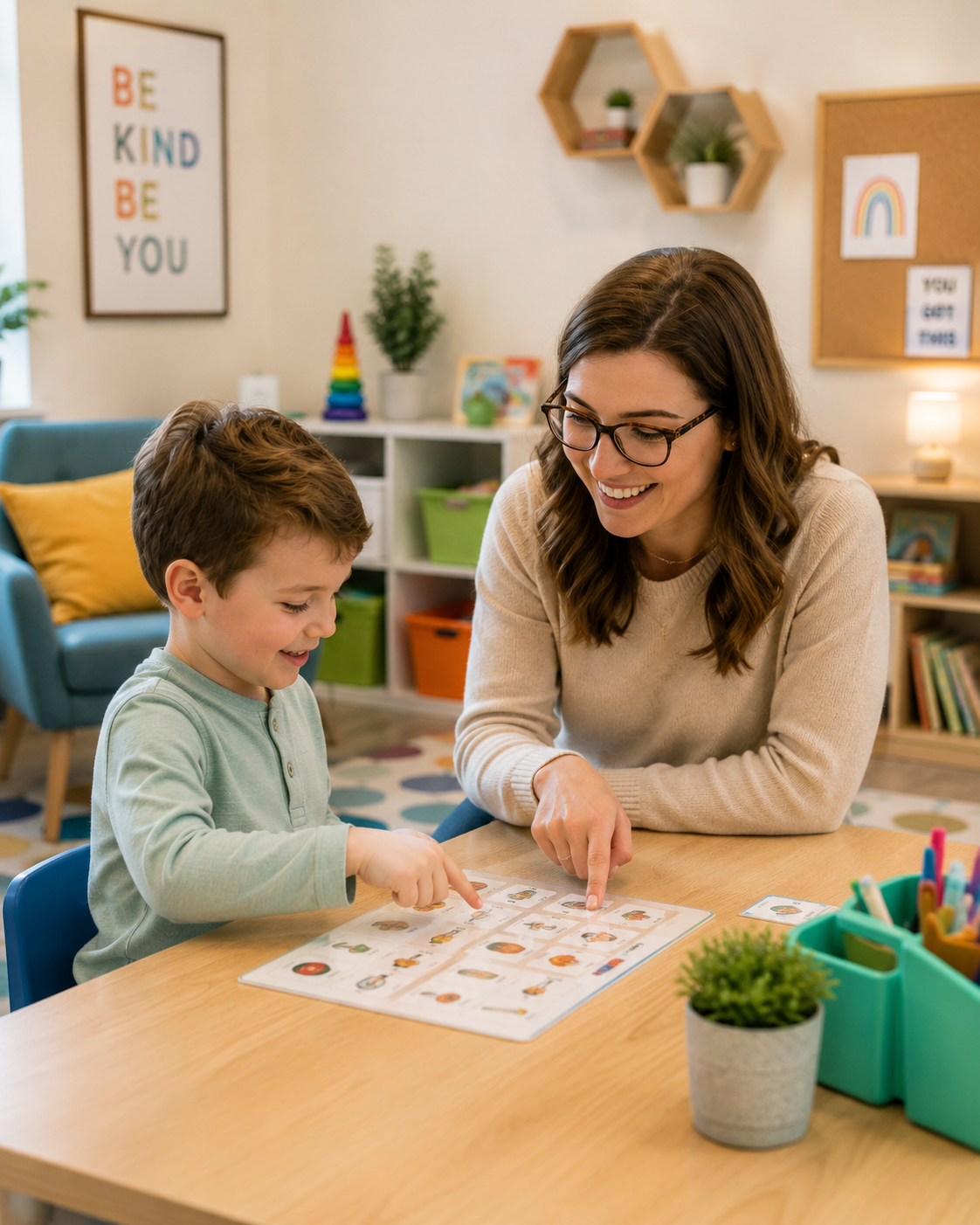 LUMA Autism therapist working one-on-one with a young child on a picture board