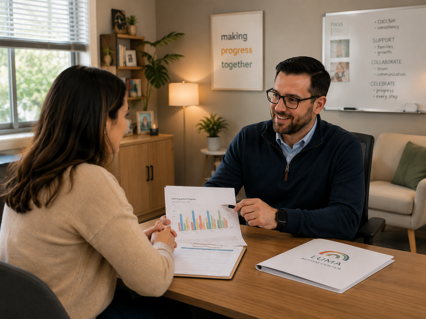 Clinician leading an initial consultation with a parent in a welcoming office.