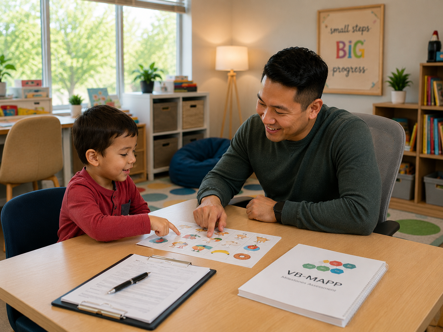 Clinician and child completing an assessment activity together at a table.