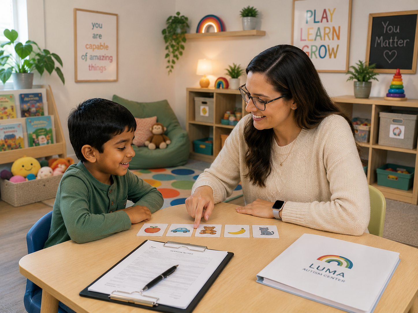 Therapist guiding a child through a one-on-one learning activity during therapy.