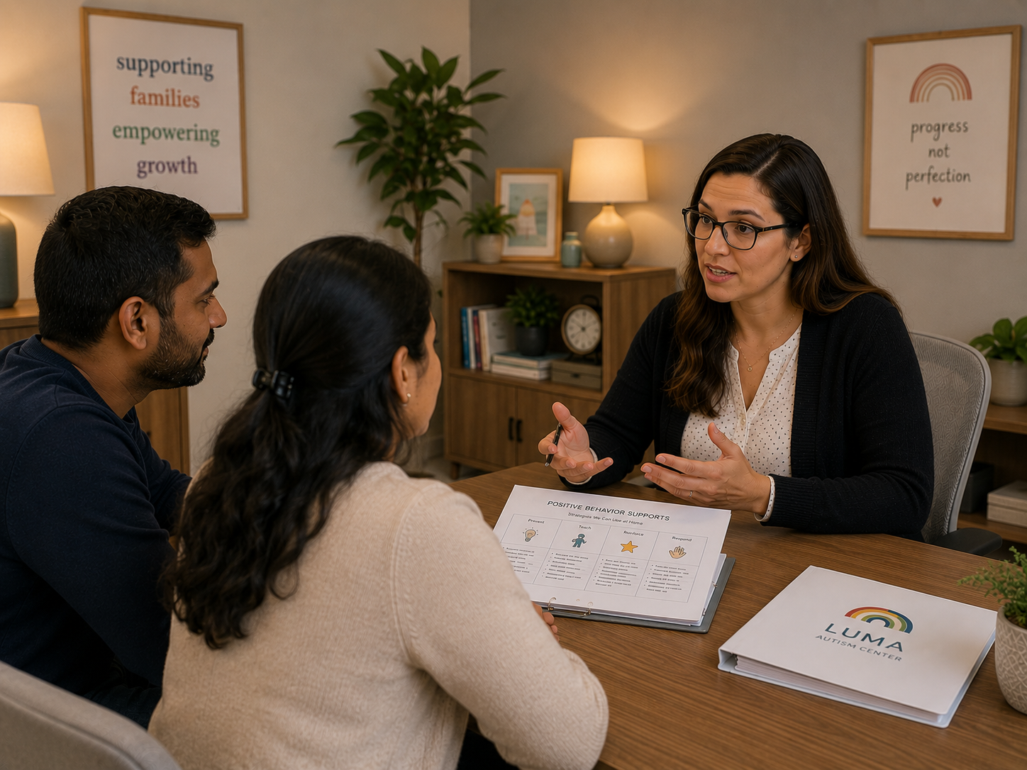 Clinician coaching parents through caregiver education during a table session.