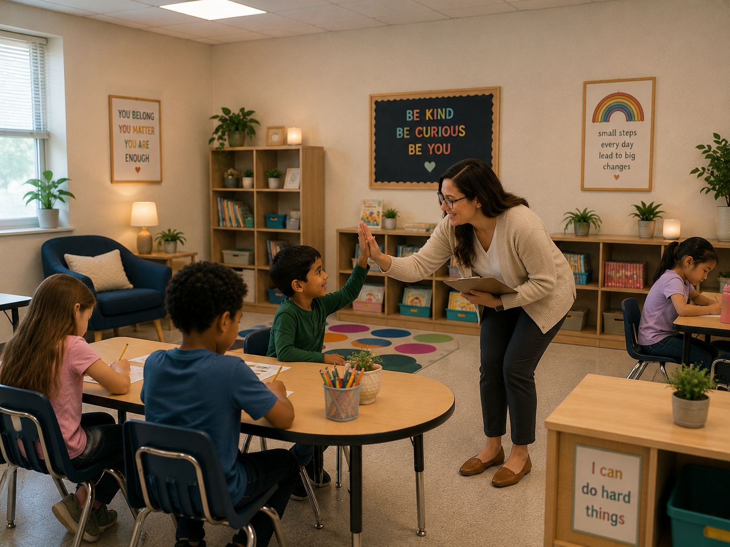 Teacher celebrating a child's progress in a classroom during skill application.