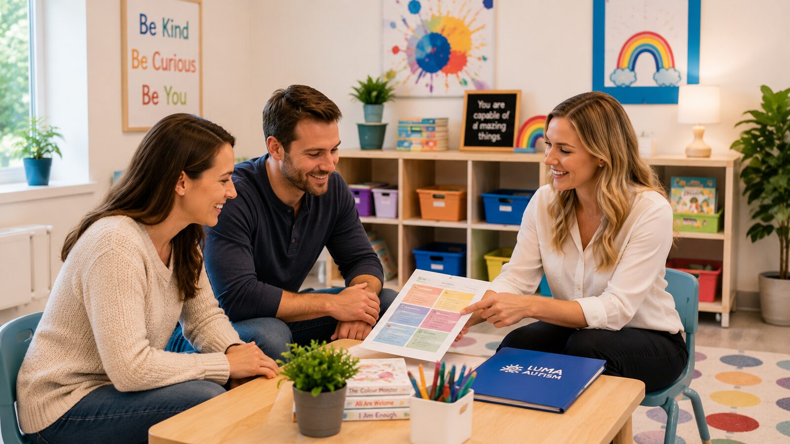 Parents collaborating with a LUMA therapist reviewing their child's treatment plan