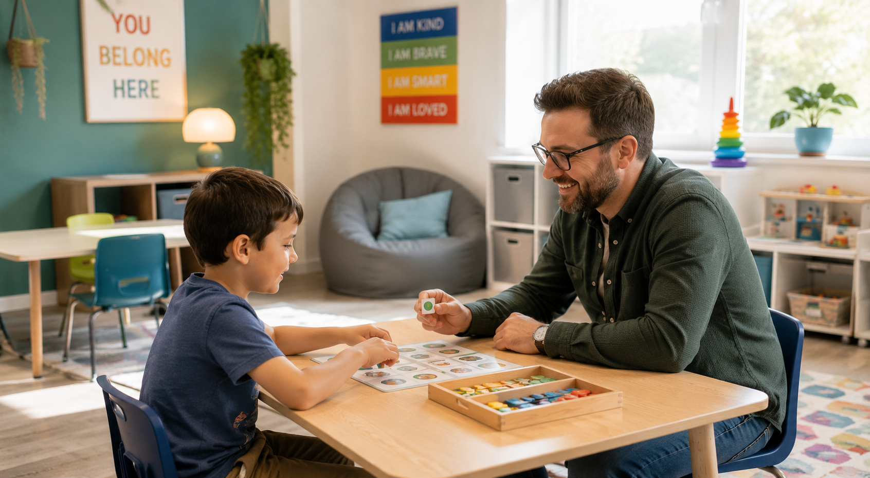 ABA therapist and child engaging in a structured learning activity